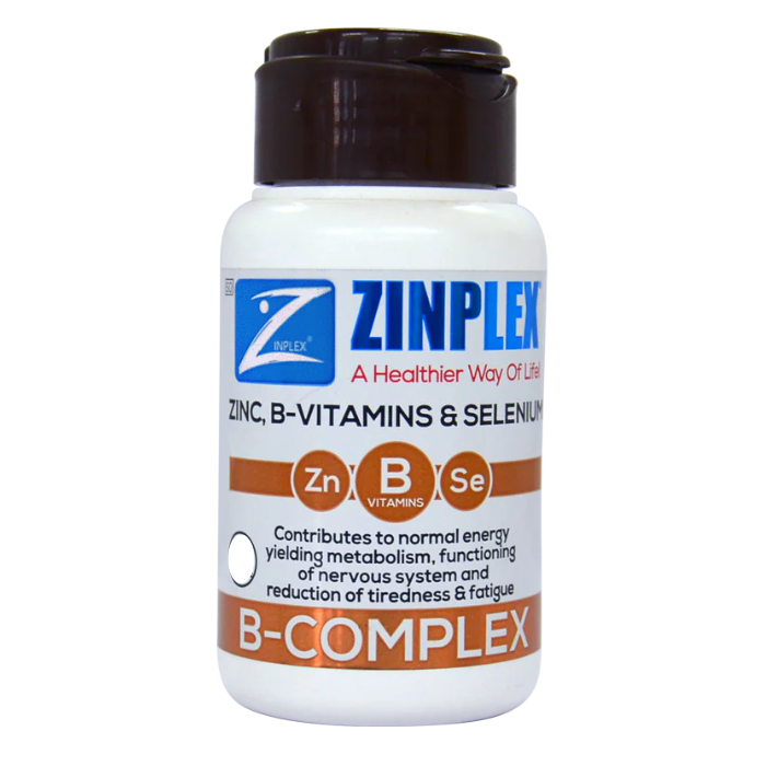 Zinplex B Complex with zinc, B vitamins, and selenium supports energy, immunity, and stress relief in a daily supplement.
