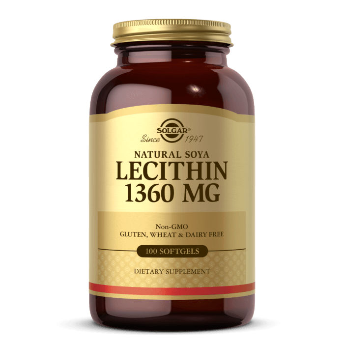 Bottle of SOLGAR Lecithin 1360mg softgels – soy-based supplement for cell and fat metabolism support