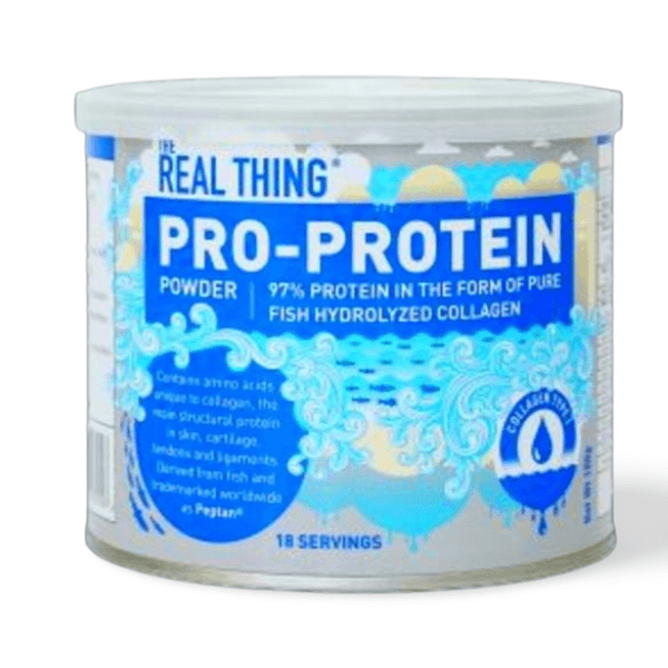 THE REAL THING Pro-Protein Powder is 97% protein. But not just any protein. It's one of the purest and most concentrated sources of fish hydrolyzed collagen protein available. It is Type 1 Collagen Peptides. Feed skin, cartilage and all connective tissues. Order The Good Stuff products today. 