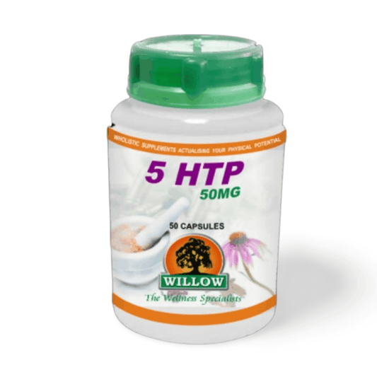 Willow 5-HTP 50mg supplement bottle – plant-based mood and sleep support with clean ingredients for natural emotional balance.