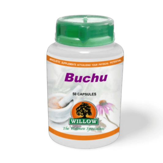 Willow Buchu supplement bottle – clean herbal support for urinary tract infections, kidney health, cystitis, prostatitis, and inflammation relief.